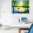 Алмазна вишивка білі лебеді на озері 40х50 см, повна викладка, квадратні стрази, фото 3