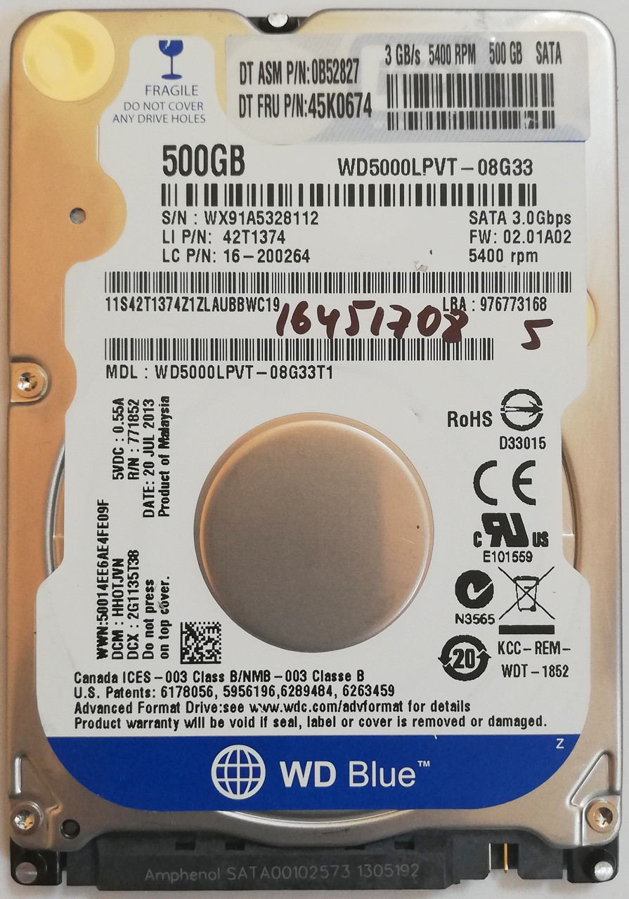 Жесткий диск для ноутбука Western Digital Blue 500GB 2.5" 8MB 5400rpm 3Gb/s (WD5000LPVT-08G33) SATAII Б/У