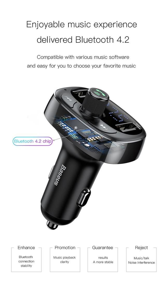 FM трансмітер модулятор Baseus S-09 T-Typed MP3 Car Charger Black CCALL-TM01 c функцією зарядного пристрою Чорне два USB-порту
