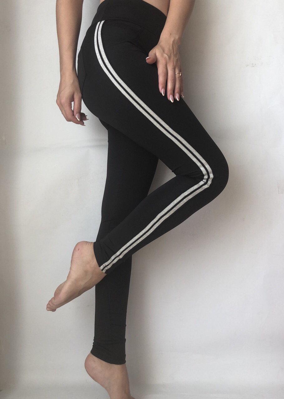Лосини легінси з лампасами Чорні жіночі лосини з мікродайвінгу/ Широкий пояс і висока посадка, фото 1
