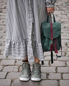 Жіночий шкіряний рюкзак Київ, розмір міні, натуральна Вінтажна шкіра колір Зелений + Бордо