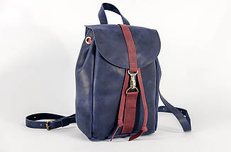 Жіночий шкіряний рюкзак Київ, розмір міні, натуральна Вінтажна шкіра колір Синій + Бордо, фото 3