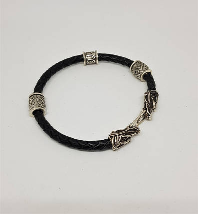 Браслет шкіряний із намистинами та срібними закінченнями, фото 1