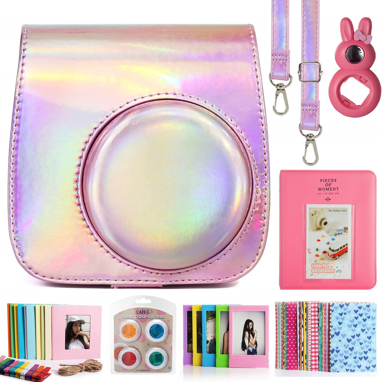 Набір для Камери Fujifilm Instax Mini 8, 8+, 9 чохол, Лінзи, Рамкі, Альбом від CAIUL Голографічний Рожевий, фото 1