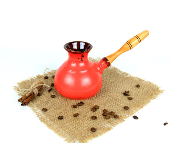 Турка Червона керамічна с дерев'яною ручкою 350 мл, фото 1