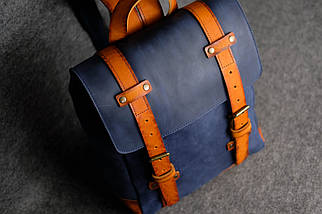 Чоловічий шкіряний рюкзак "Hankle H1" натуральна Вінтажна шкіра, колір Синій + Бурштин, фото 3