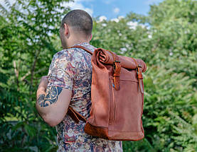 Шкіряний чоловічий рюкзак "Hankle H7" натуральна Вінтажна шкіра, колір Синій + коричневий відтінок Вишня, фото 3