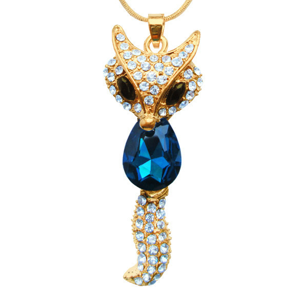 Кольє Кулон під Золото Лисиця зі Вставками Стразами, Синій Кристал, Довжина 72 см+60 см+6 см, фото 1