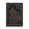 Оригінальна коричнева шкіряна обкладинка для паспорта з художнім тисненням "Discoveries"