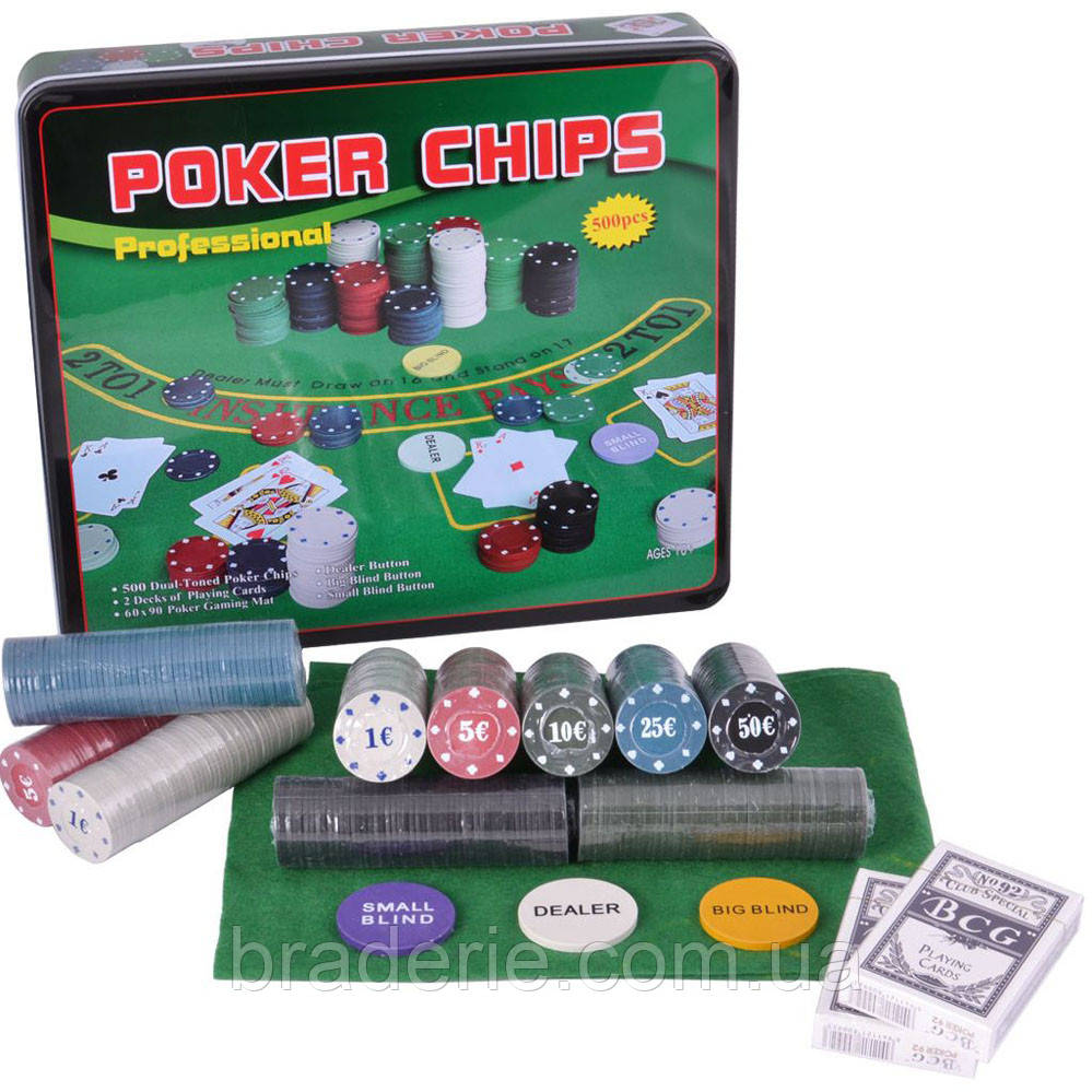 Набір для покера 500 фішок із номіналом у металевій коробці