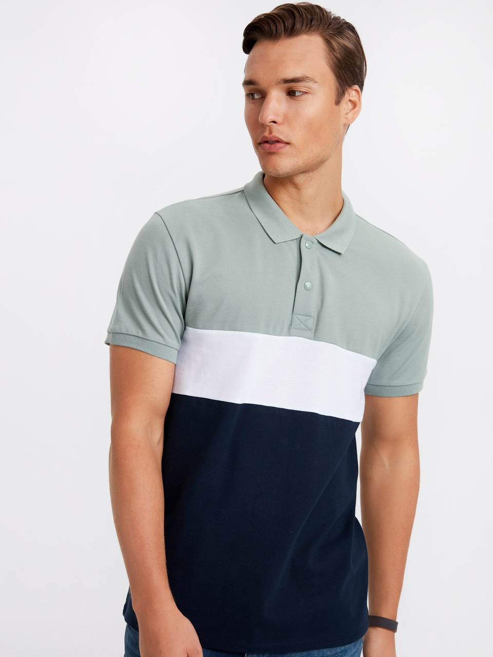 Чоловіче поло LC Waikiki/ЛС Вайки з оливковим верхом, синім низом і білою смугою на грудях