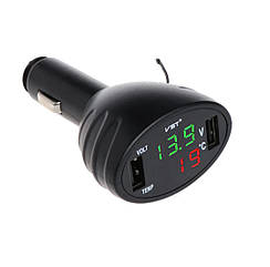 ЗАРЯДНИЙ 2хUSB + електронний цифровий ВОЛЬТМЕТР + температура салону (зелений з червоним дисплей)