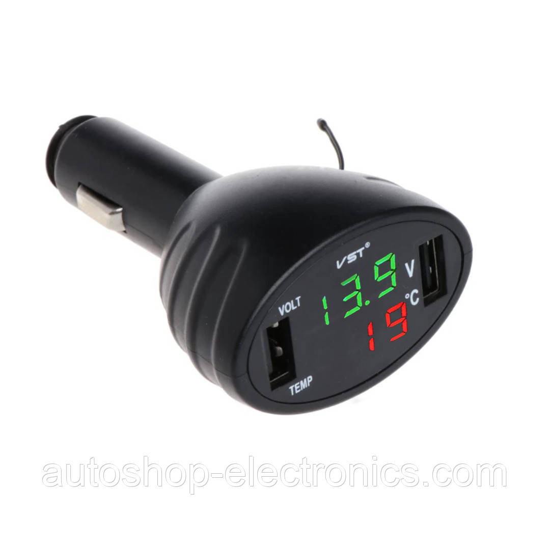 ЗАРЯДНИЙ 2хUSB + електронний цифровий ВОЛЬТМЕТР + температура салону (зелений з червоним дисплей), фото 1