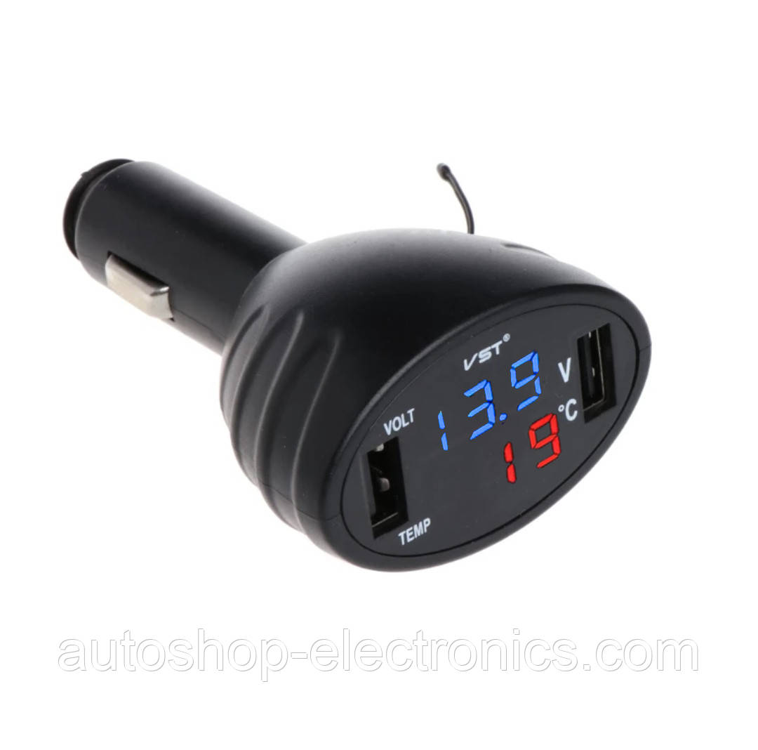 ЗАРЯДНИЙ 2хUSB + електронний цифровий ВОЛЬТМЕТР + температура салону (синій з червоним дисплеєм), фото 1
