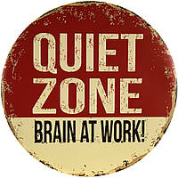 Металлическая табличка / постер "Тихая Зона. Мозг На Работе! / Quiet Zone. Brain At Work!" 30x30см (ms-001362)