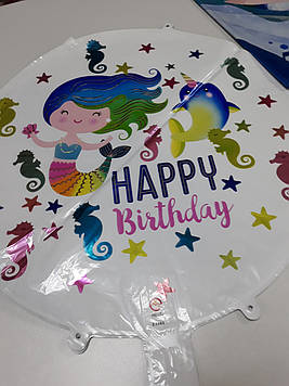 Гелиевый шар фольгированный круглый белый с надписью Happy Birthday рисунок русалочка