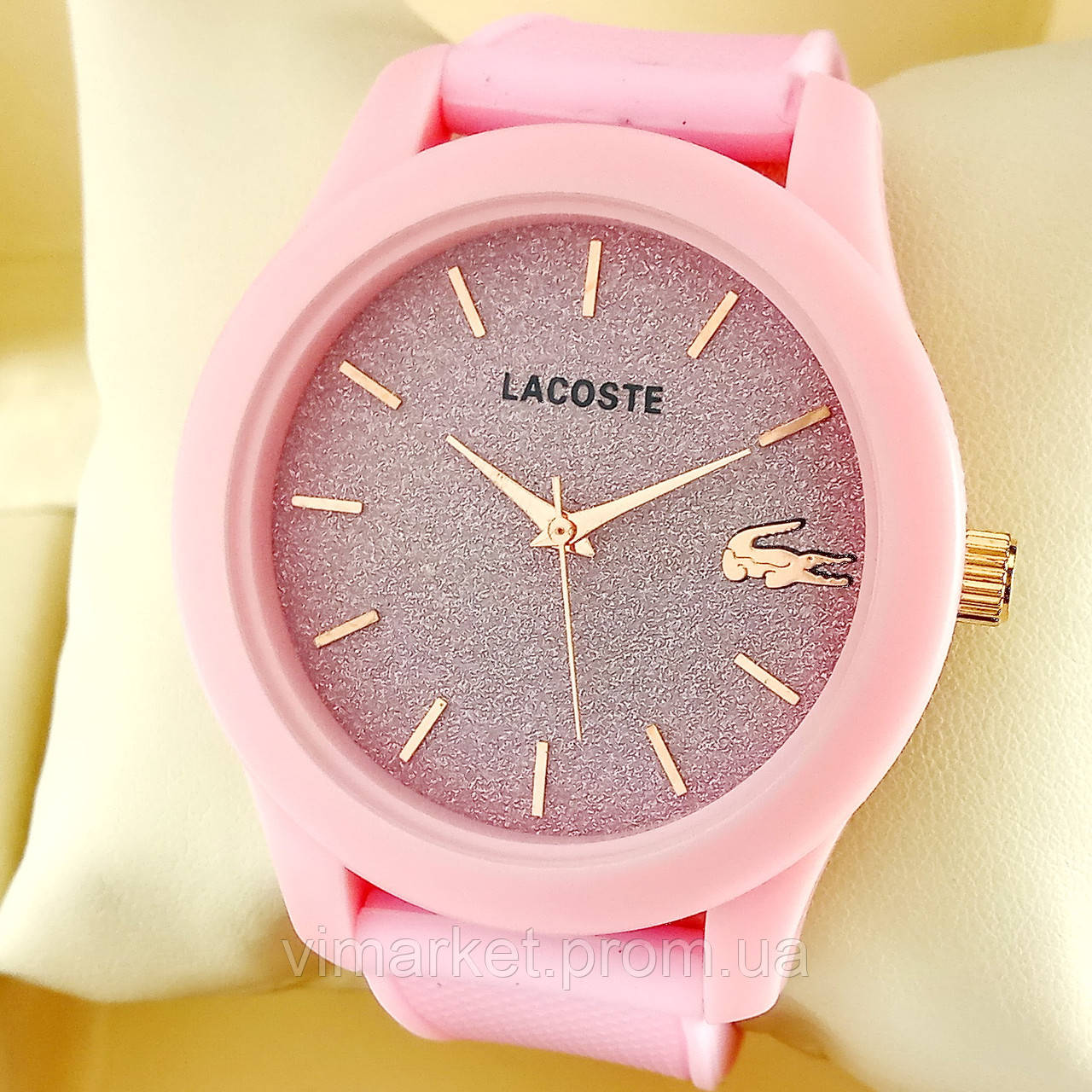Кварцові наручні годинники Lacoste рожевого кольору циферблат з блискітками, силіконовий ремінець