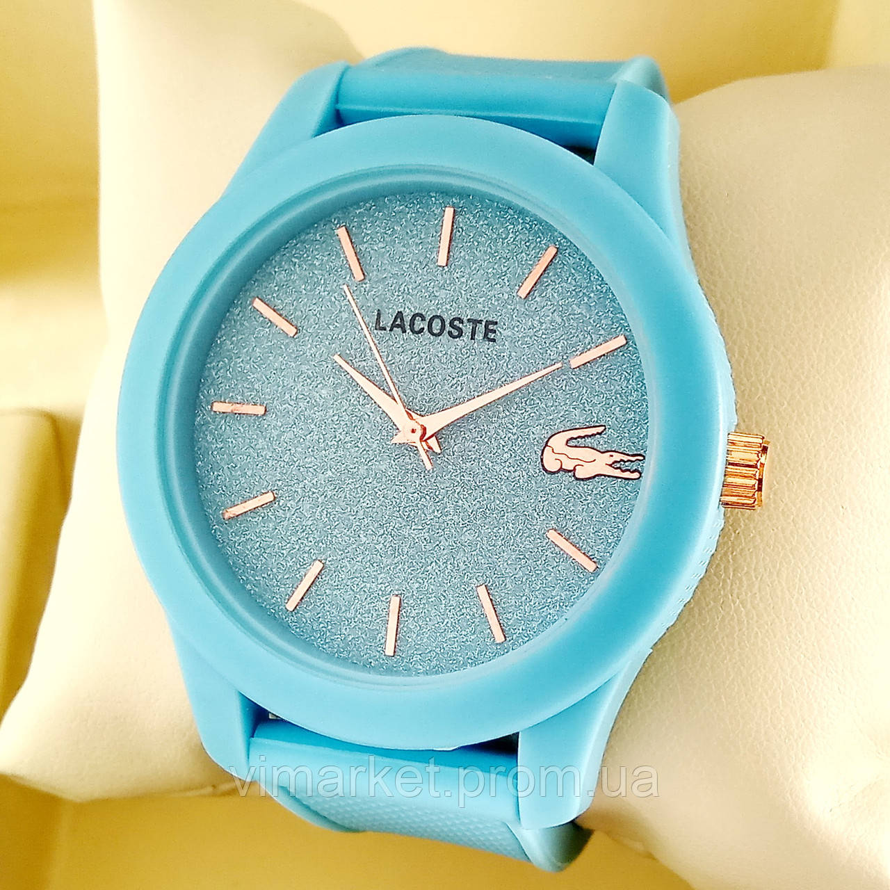 Кварцові наручні годинники Lacoste блакитного кольору циферблат з блискітками, силіконовий ремінець