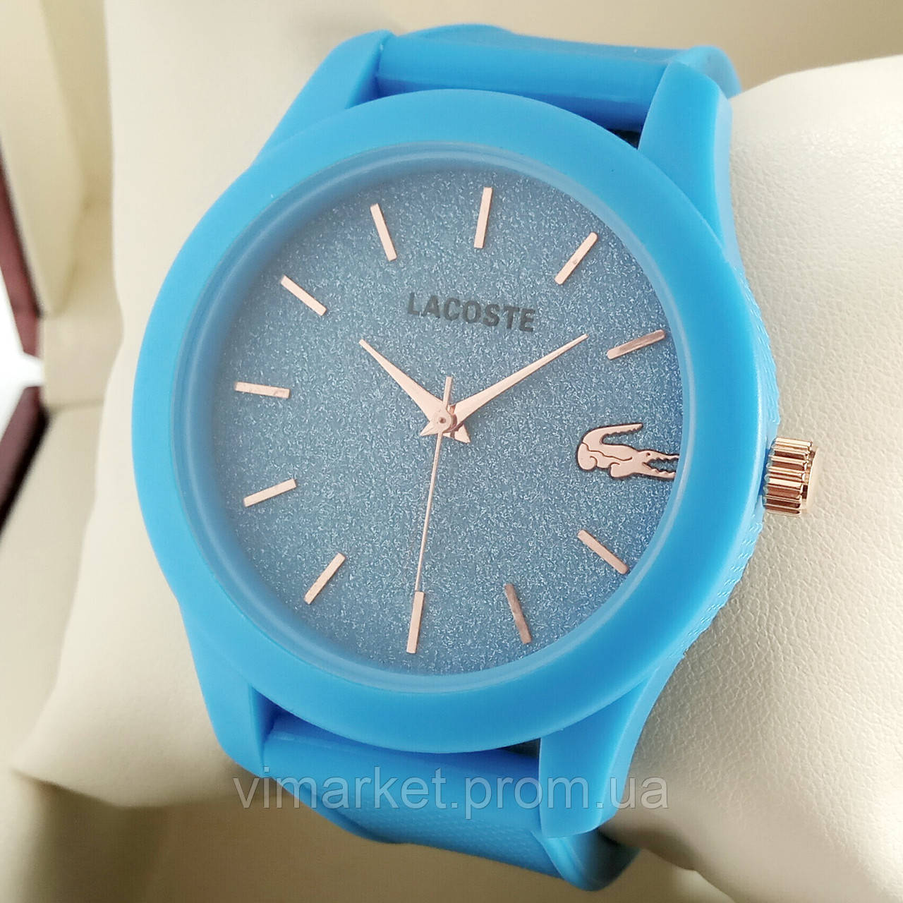 Кварцові наручні годинники Lacoste синього кольору циферблат з блискітками, силіконовий ремінець