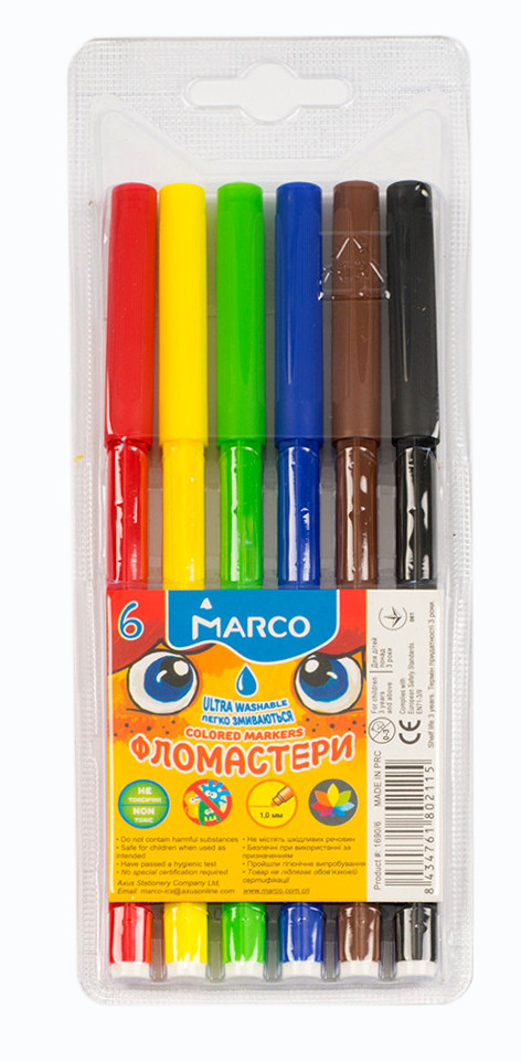 Фломастери 6 кольорів Marco Super Washable 1690-6
