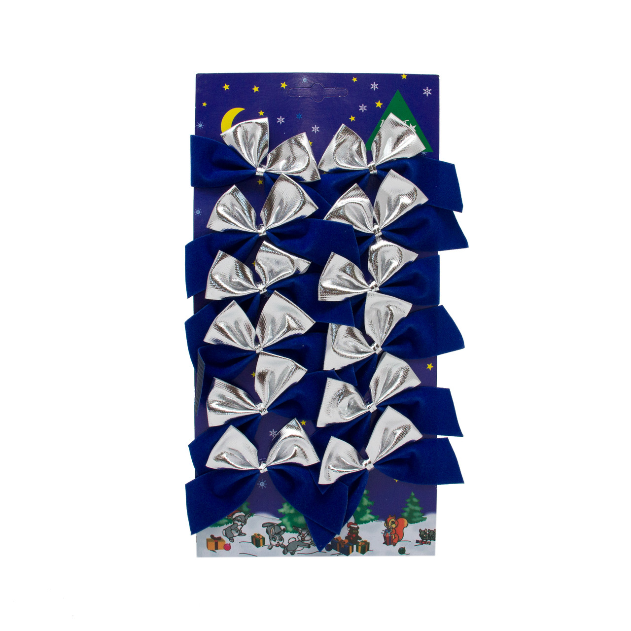 Набір ялинкових прикрас - бантики, 12 шт, 6x5 см, синій зі сріблястим, текстиль (471119-1)