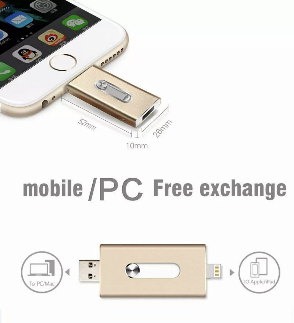 Usb flash Drive/флешка 128 Gb для Iphone 7/7 plus/Ipad gold