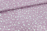 Ткань сатин Веточки листочки на розово-фиолетовом
