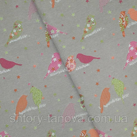 Матеріал для декоративних подушок, Тканина для штор Гобелен Декор бірд-2 пташки т. беж/розов/оранж, фото 1