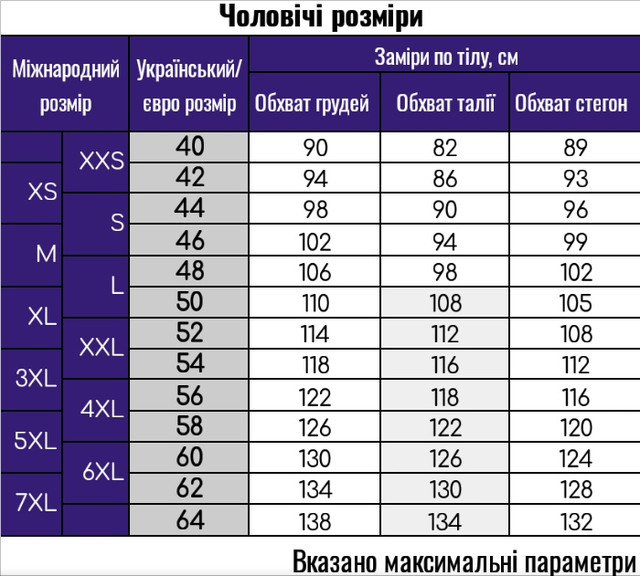 Размерная сетка мужская 132