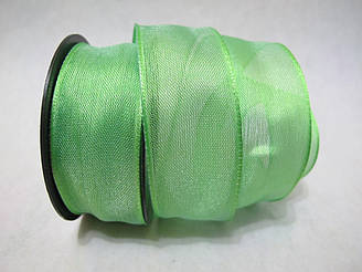 Стрічка з дротяним краєм 2.5 см Зелена