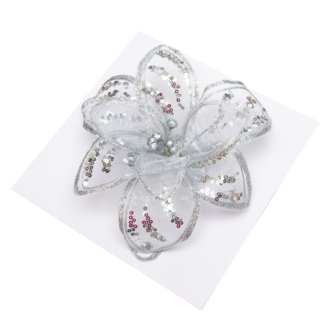 Ялинкова іграшка Квітка з органзи на кліпсі, 20 см, сріблястий, органза (780044-1), фото 1