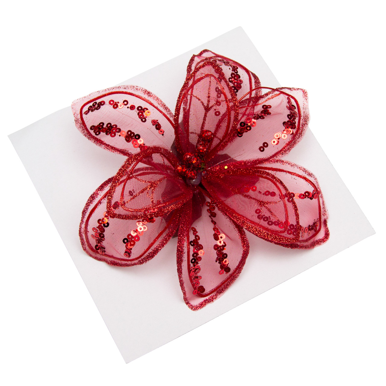 Ялинкова іграшка Квітка з органзи на кліпсі, 16 см, червоний, органза (780099-3), фото 1