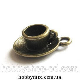 Метал. підвіска "чашечка з блюдцем" 3D бронза (1,5х2 см) 3 шт. в уп., фото 1