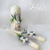 Комплект молочных свадебных свечей. Семейный очаг с цветами