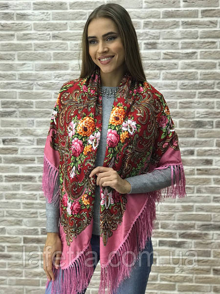Платок Украинский Розово-Красный С Бахромой. Народные Платки С ...