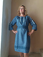 Плаття в етнічному стилі, з вишивкою, жіноче, блакитне, льон-габардин