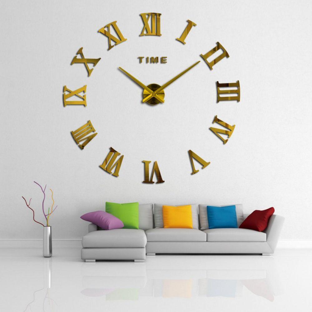 60-130 см, Годинник настінний 3d diy clock, кімнатний 3д годинник, стильні настінні годинники Римські цифри Gold