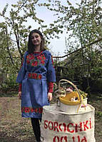 Плаття в етнічному стилі, з вишивкою "макі", льон-габардин, синє