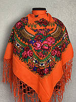Большой оранжевый платок с народным орнаментом цветов и бахромой (120х120)