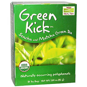 Зелений чай сеньча та маття NOW Foods, Real Tea "Green Kick" без кофеїну, 24 пакетики (41 г)