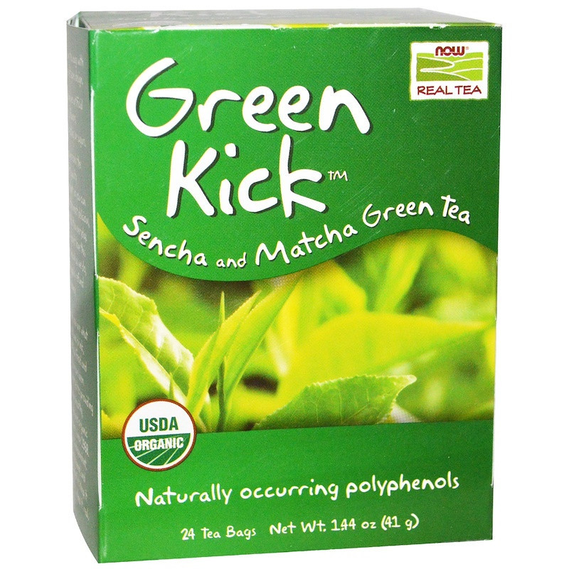 Зелений чай сеньча та маття NOW Foods, Real Tea "Green Kick" без кофеїну, 24 пакетики (41 г)