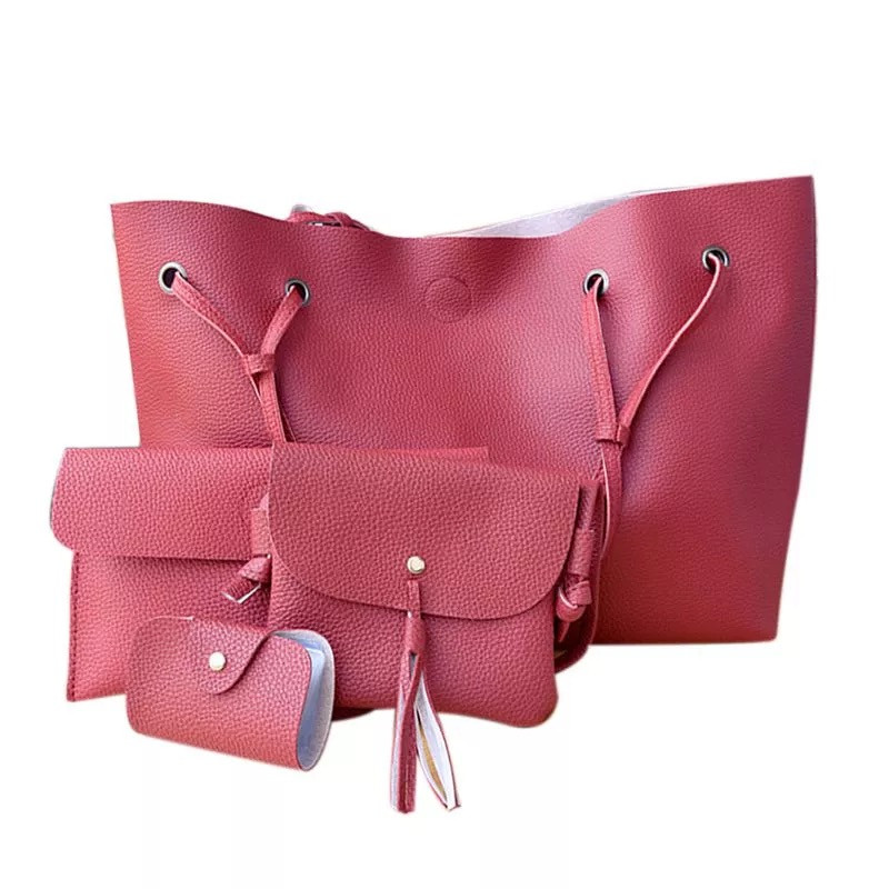 Женская сумка большая, маленькая сумочка, клатч и визитница набор красный