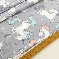 Сатин "єдинороги з рожевими, м'ятними і сірими гривами на сірому" 160, фото 2