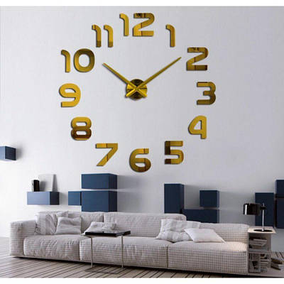 60-130 см, Годинник настінний 3d diy clock, кімнатний 3д годинник, стильні настінні годинники Арабські цифри Gold