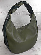 614 Натуральна шкіра Об'ємна сумка жіноча зелена Шкіряна сумка-мішок Оливка шкіряна сумка на плече хобо, фото 2