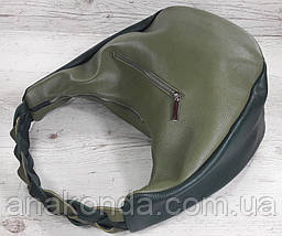 614 Натуральна шкіра Об'ємна сумка жіноча зелена Шкіряна сумка-мішок Оливка шкіряна сумка на плече хобо, фото 2