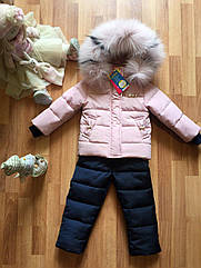 Дитячий зимовий комбінезон на дівчинку з шикарним натуральним хутром розміри 98