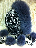 Капор капюшон косынка с серо-синим мехом песца на чёрной ткани