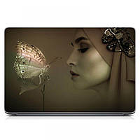 Наклейка виниловая на ноутбуки 15.6"-13.3" 380x250 мм Девушка и бабочка Матовая, наклейки на Макбук, Macbook