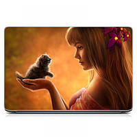 Наклейка для ноутбука защитная 15.6"-13.3" 380x250 мм Red Девушка с котенком Матовая, прикольные подарки